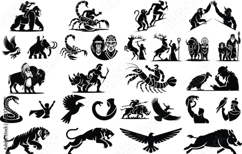 Wild Animals and Tribal Hunter Symbols with Gorilla Scorpion Eagle and Big Cat Motifs
