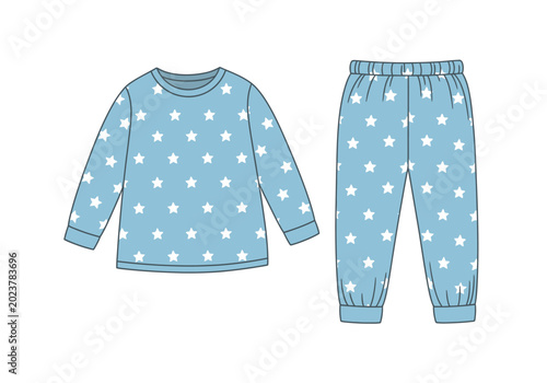 Schilderij op canvas Blue and white starpatterned pajama set illustration featuring a longsleeve top