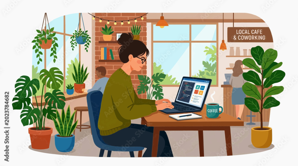 Fototapeta premium Woman working on laptop in a cozy cafe with many plants and natural light