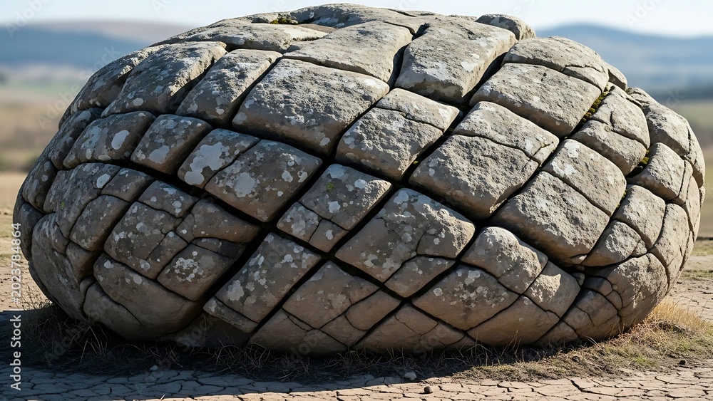 Fototapeta premium Large cracked stone rock formation outdoors.