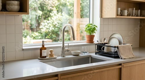 Kitchen interior with sink, dishes, and window view