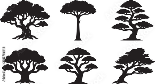 Black silhouettes of six trees with varying shapes and sizes, on white background