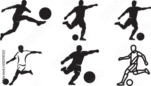 Black silhouettes of soccer players in various poses, kicking balls, with one outlined player