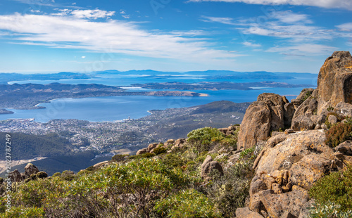 The city of Hobart and ita harbor from the pinnacle of Mount Wellington, Tasmania, Australia