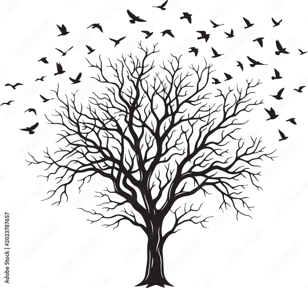 Fototapeta premium A black silhouette of a bare tree with birds flying around it isolated on white background