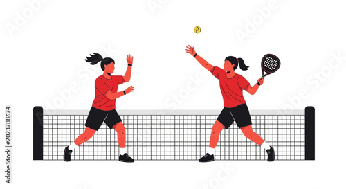 Dynamic Padel Match Illustration Depicting Two Women Athletes Engaged in Competitive Play