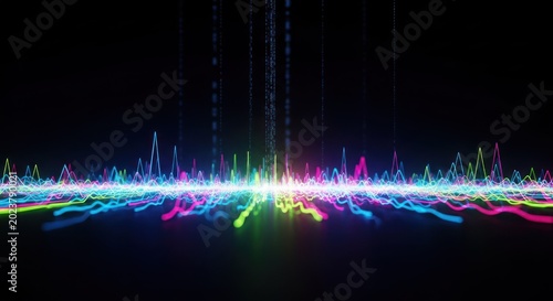 Dynamic colorful light waves pulse across a dark surface reflecting digital information streams overhead.