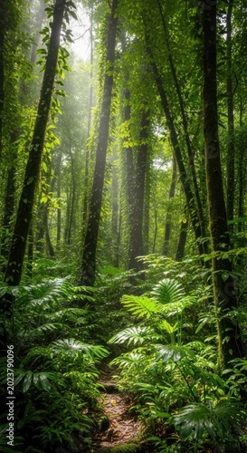 Sunlight streams through tall trees illuminating a dense, lush jungle path.