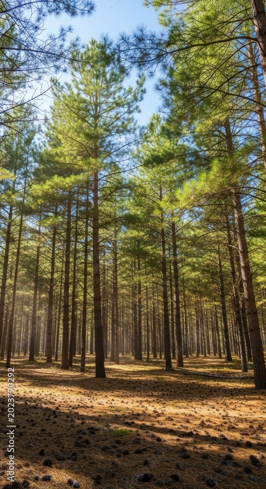 Fototapeta premium Tall, straight evergreen trees form a dense woodland illuminated by bright sunlight filtering through the canopy.
