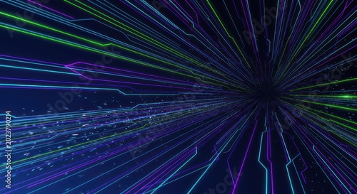 Illuminated digital pathways converge rapidly toward a central dark void in deep space