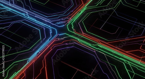 Glowing neon circuit lines intersect across a dark digital surface