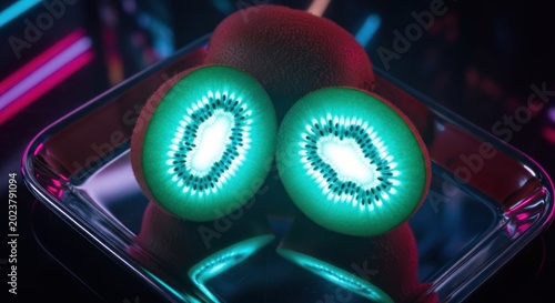 Illuminated kiwi fruit halves display vibrant green flesh upon a reflective metallic surface with abstract neon light accents.