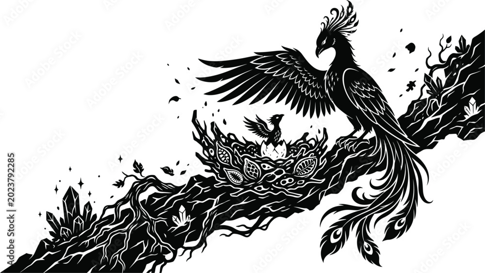 Fototapeta premium Phoenix Bird Nesting Black and White Illustration