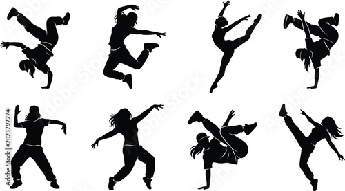 Schilderij op canvas Dynamic Female Dancer Silhouettes Vector Set