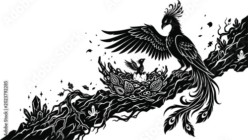 Obraz na płótnie Phoenix Bird Nesting Black and White Illustration