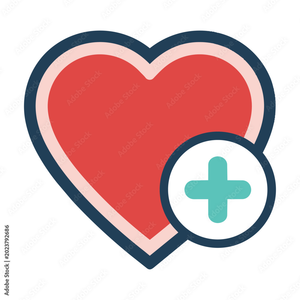 Obraz premium Red heart icon with a medical plus sign badge on a white background for a healthcare and wellness concept