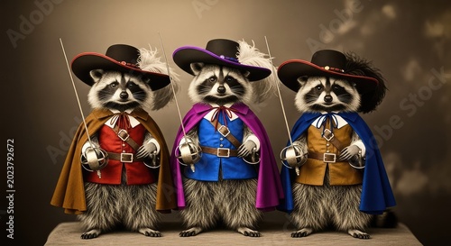 Three adorable raccoons wearing historical musketeer costumes including wide hats and capes, holding wooden sticks in a sepia vintage photo, animal, bandit, old