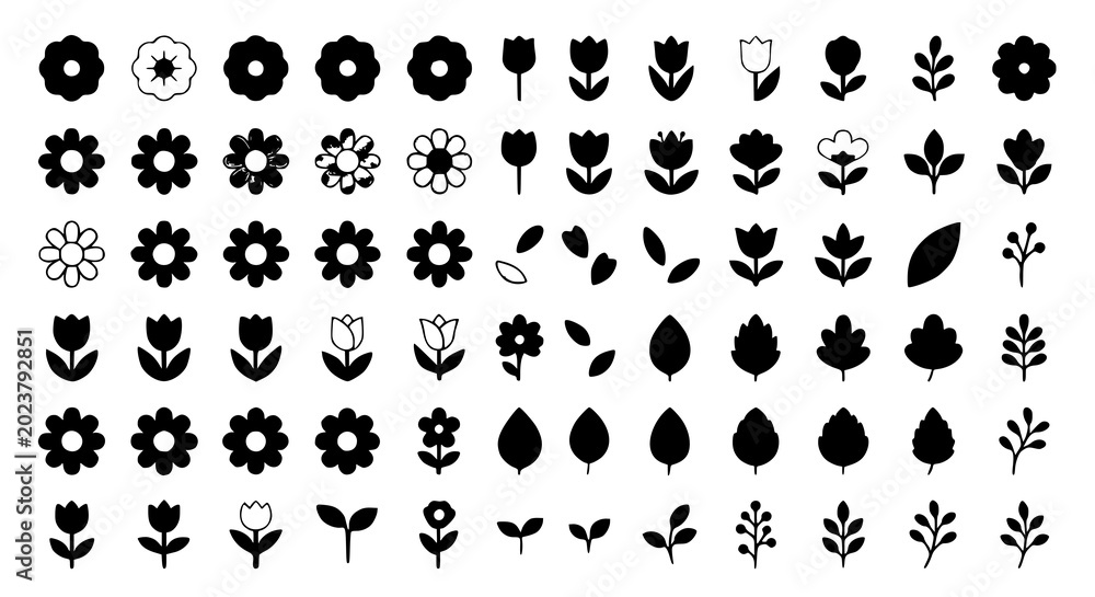 Obraz premium Cute flower icon set with modern simple floral vector illustrations isolated on transparent background