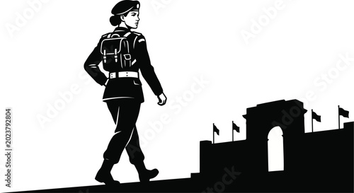 Fotografie Woman Soldier Marching Towards India Gate Silhouette