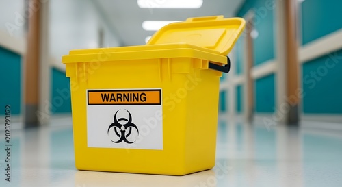 A yellow biohazard sharps waste container with a warning label and biohazard symbol sits on the floor of a hospital hallway.