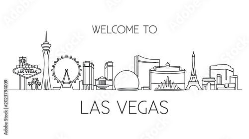 Las Vegas Skyline Outline: Welcome Sign, Cityscape, Black and White, Line Art