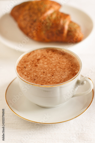 Breakfast with fresh cappuccino and croissant