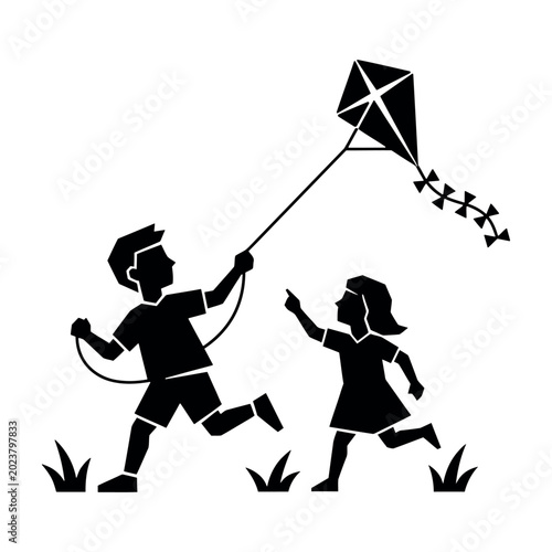 фотографія Black silhouette kids flying kite, running children outdoor fun, playful boy gir