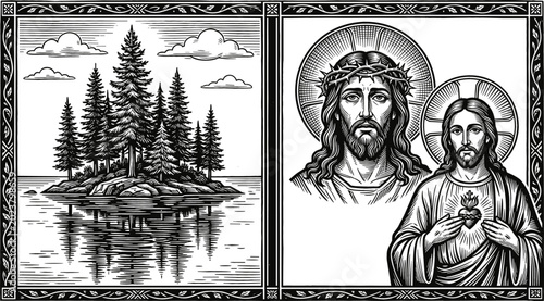 Photos Jesus Christ portrait with crown of thorns and Sacred Heart alongside a serene p