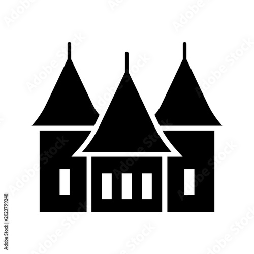 Theme park castle icon. Travel and theme park filled symbol. Black and white.