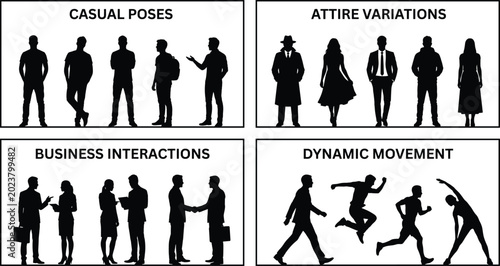 фотографія Set of diverse people silhouettes categorized by casual poses attire variations