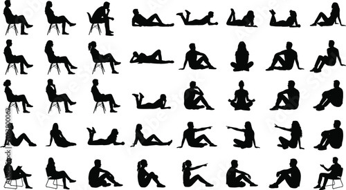 Foto Set of sitting and lying people silhouettes including figures on chairs floor re