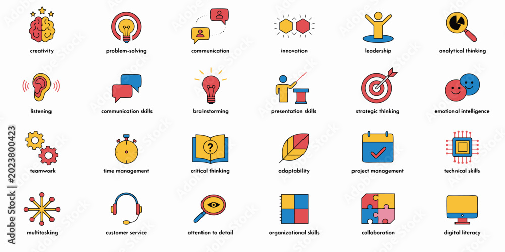 Naklejka premium Collection of flat icons representing business skills and concepts like creativity, teamwork, and communication.