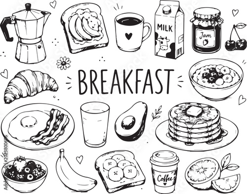 Obraz na plátne Hand drawn illustration featuring a collection of delicious breakfast food items