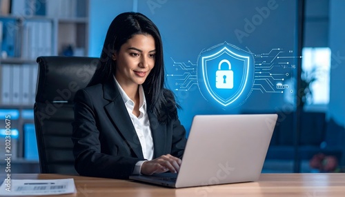 Woman in office using laptop with glowing security icon behind her, depicting digital data protection