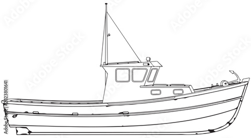 Tableau sur toile Fishing boat line art illustration with mast cabin and anchor for nautical desig
