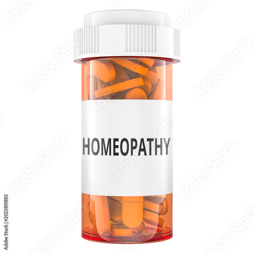 Homeopathy pill bottle with tablets. 3d rendering