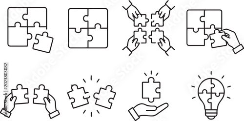 Cuadro en lienzo Collection of simple black line icons depicting puzzle pieces being joined toget
