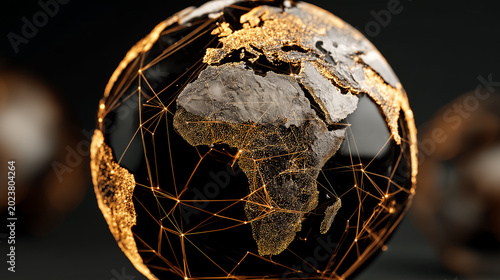 Digital globe showing a connected world with golden network nodes