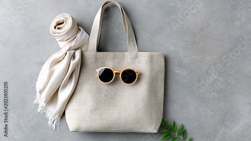 Minimalist fashion accessories with canvas tote bag scarf and sunglasses on neutral background, sustainable lifestyle flat lay with copy space