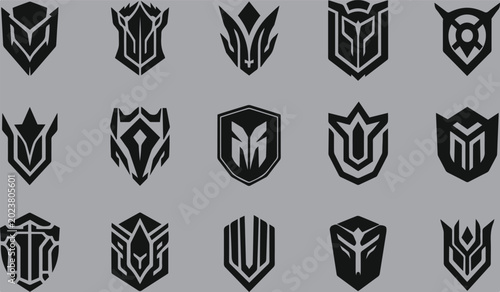 Fotografie Shield Insignia Collection: A stylized collection of modern shield insignia, emblems, and crests, presented in a minimalist monochrome aesthetic on a neutral background