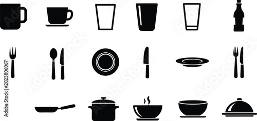 Schilderij op canvas Set of simple black icons for kitchenware tableware cutlery and cooking utensils