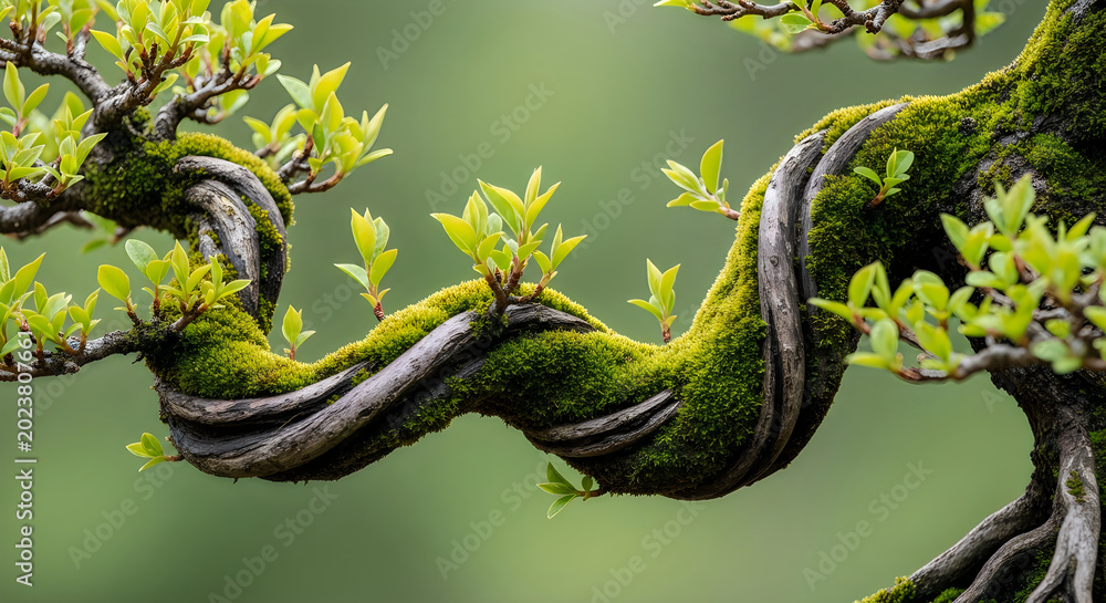 Obraz premium Twisted bonsai tree with green leaves against blurred nature background