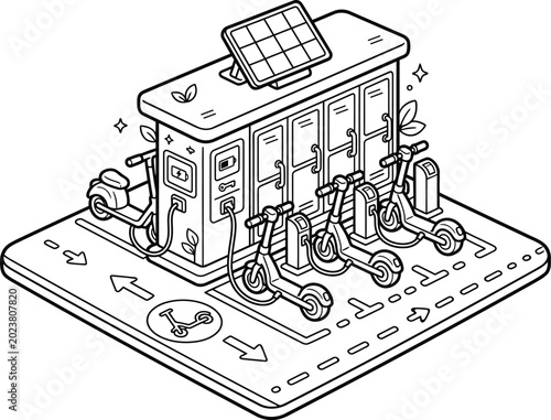 Isometric Electric Scooter Charging Station: Solar Powered E-Scooter Rental Dock Line Art and Coloring Page