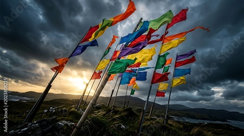 Dutch tilt shot of colorful flags blowing in the wind on a coastal hill at sunset under stormy clouds