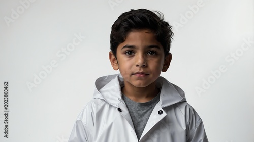 Young Hispanic boy in white themed raincoat o background 