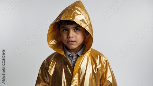 Young Hispanic boy in gold themed raincoat on background 