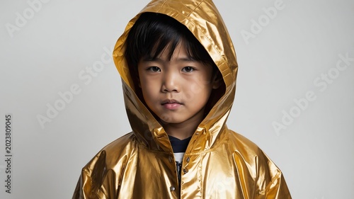 Young Asian boy in gold themed raincoat on a background 
