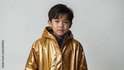 Young Asian boy in gold themed raincoat on a background 