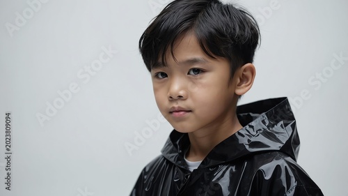 Young Asian boy in black themed raincoat on a background 