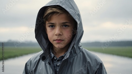 Young American boy in gray themed raincoat on background 